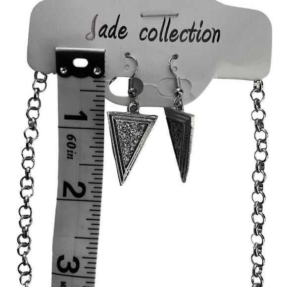 Jade Collection Necklace Earring Set Silver Toned Crushed Rhinestone Triangles - Picture 6 of 9